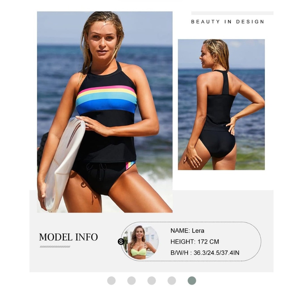 Rainbow Retro Sporty Swimsuit 2 Piece Surfing Tankini Sporty Medium Athleisure - Picture 3 of 16